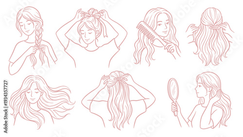 Hand Drawn Women Hair Care And Hairstyling Line Art Set