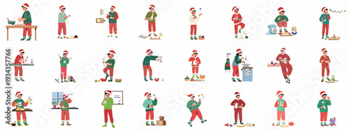 Joyful Christmas baking: A collection of festive illustrations showing individuals preparing holiday treats in Santa hats and pajamas.