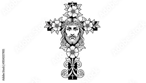 Jesus Christ Face Floral Ornate Cross Engraving Sacred Religious Art Faith Devotion Hope Christian Church Design