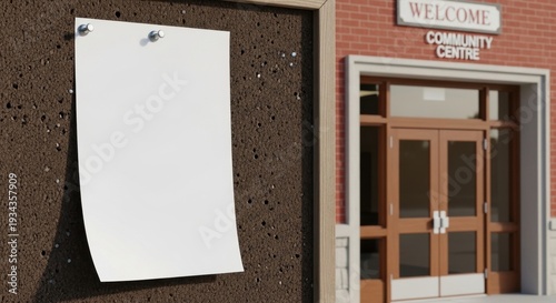 A blank white paper pinned on a bulletin board outside a community centre with a wooden double door