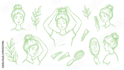 Hand Drawn Women Hair Care Routine Line Art Illustration Set