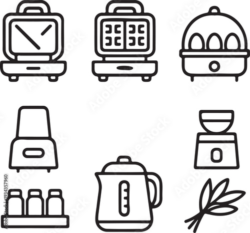 Kitchen Appliances Icons Set Toaster Waffle Maker Food Cover Blender Kettle Scale Test Tubes Herbs Line Art Vector Illustration