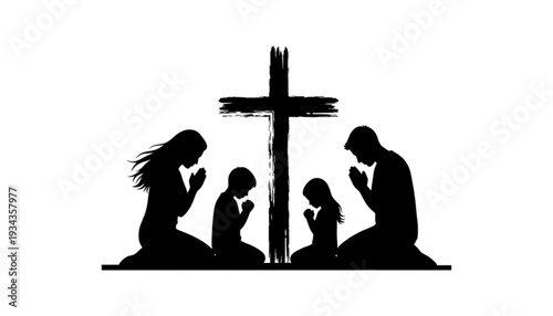 Silhouette of Christian Family Praying with Cross Faith Hope and Spiritual Devotion