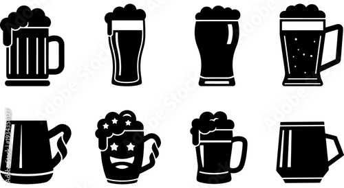 A playful collection of beer mugs with various frothy and whimsical designs Vector