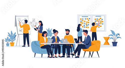 Diverse team collaborating in modern office brainstorming session.