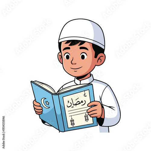 Young boy reading a book in traditional clothing during Ramadan