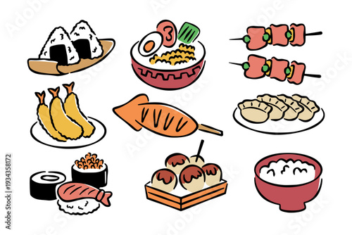 Colorful Japanese Cuisine Doodle Illustration Set.