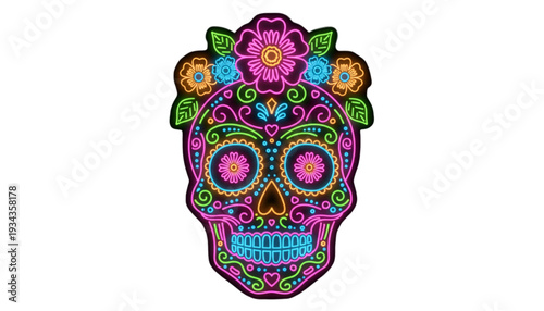 Colorful Day of the Dead Sugar Skull with Intricate Floral Patterns for Festive Mexican Holiday Design
