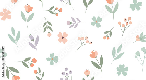 Delicate floral patterns with soft pastel colors and scattered leaves Vector