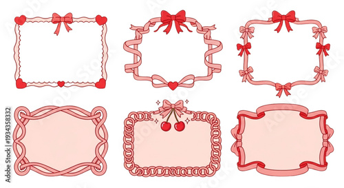 Charming Pink and Red Decorative Frames with Ribbons, Hearts, Bows, Cherries for Romantic Invitations and Sweet Designs