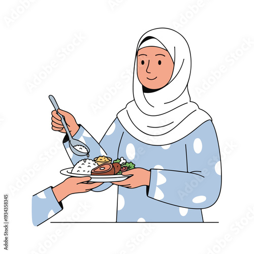 Woman wearing hijab serving food to someone