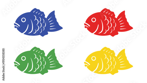 Colorful cartoon fish swimming in a playful arrangement with distinct hues