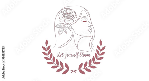 Elegant Line Art Woman Profile Rose, Floral Wreath. Inspirational Self Care, Wellness, Beauty, Personal Growth, Empowerment