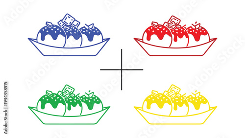 Four color-coded boats carrying geometric shapes in a balanced composition