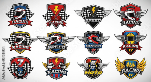 Collection of racing emblems with helmets, wings, and checkered flags, perfect for motorsport designs.