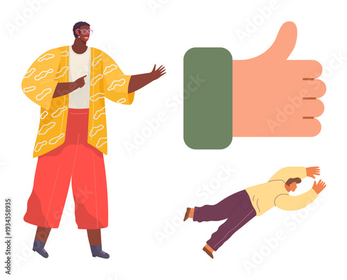 Communication, approval, social reactions, body language, diverse expressions, individual identity. A person gesturing, a large thumbs-up symbol and a falling individual. Communication and approval