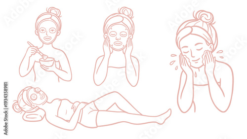 Hand Drawn Women Facial Mask Skincare Routine Line Art Set