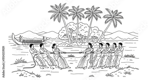 Teamwork Tug of War Competition, Cultural Festival Celebration, Tropical Landscape, Outdoor Recreation, Community Spirit, Unity,