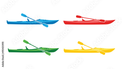 Colorful kayaks with paddles displayed in a row for outdoor adventure