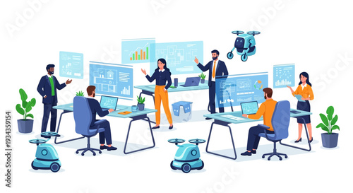 Diverse Team Collaborating in Modern Tech Office with Drones.