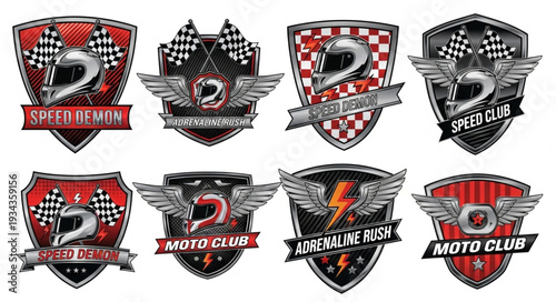 Motorcycle club emblems featuring helmets, wings, checkered flags, and banners, perfect for branding.