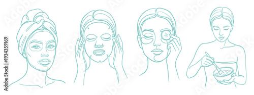 Hand Drawn Women Skincare Facial Mask Routine Line Art Set