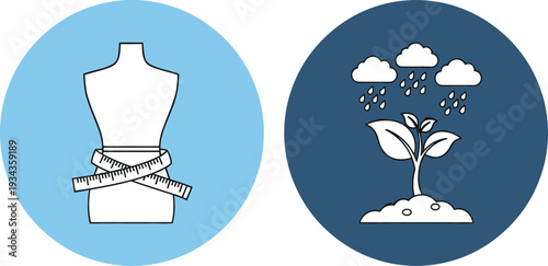Tailor Mannequin with Measuring Tape and Growing Plant Under Rain Cloud Icons Representing Fashion Design, Body Measurement, and Natural Growth Concepts
