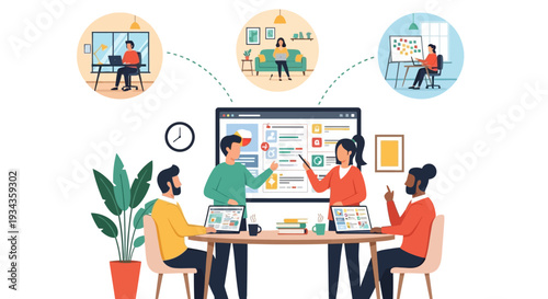 Diverse team collaborating on a project using technology.