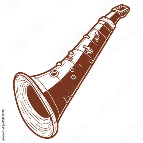 Elegant Brown Clarinet Illustration on White Background A Musical Instrument with Keys and Intricate Details