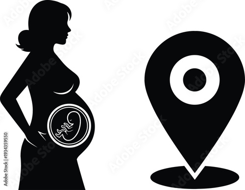 Pregnant Woman Silhouette with Baby Inside Womb and Location Pin Icon for Maternity Care, Pregnancy Tracking, and Healthcare Services