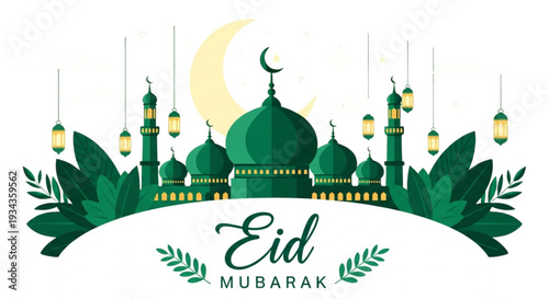 Eid Mubarak Greeting Card Design with Green Mosque Silhouette Crescent Moon and Lanterns for Islamic Holiday Celebration Vector