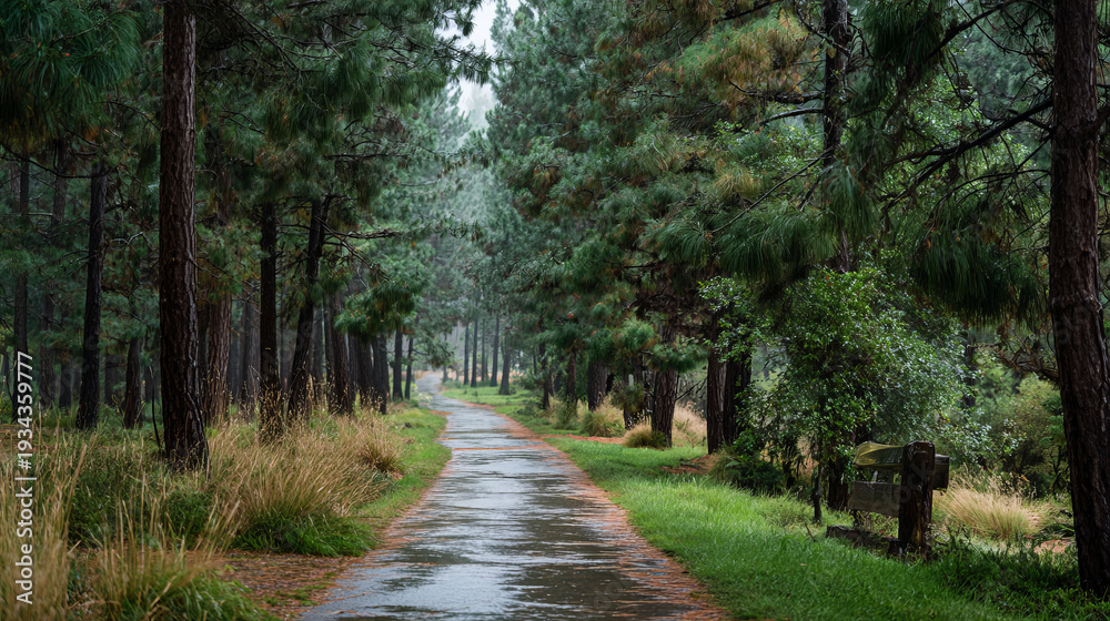 Fototapeta premium Path through pine trees during light rainfall haze, tranquil forest, wet ground, green foliage