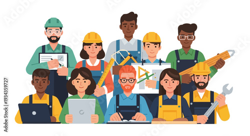 Diverse Team of Skilled Construction and Engineering Professionals with Tools - Collaboration & Innovation