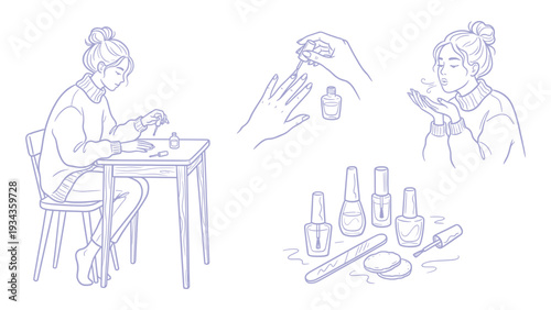 Hand Drawn Woman Nail Art Manicure Routine Line Art Illustration Set