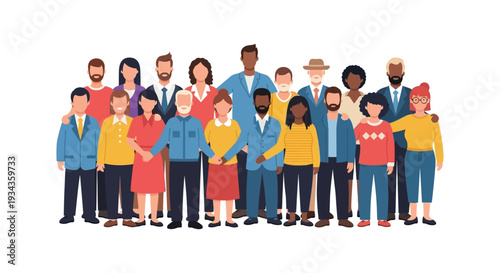 Diverse Group of Multi-ethnic People. Community, Teamwork, and Unity. Social Network and Global Population Flat Design Vector Illustration.