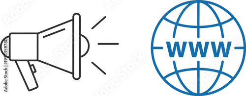Online Announcement and Website Promotion Concept with Megaphone Speaker Icon and WWW Globe Symbol for Digital Marketing and Internet Communication