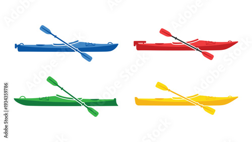 Four colorful kayaks with paddles in a crossed arrangement on a plain background