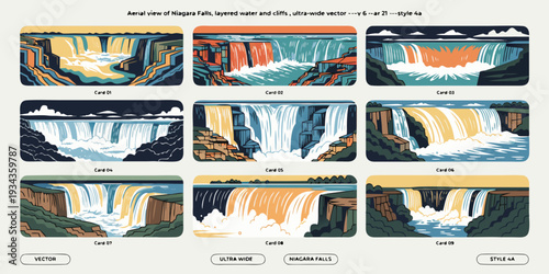 Aerial View of Niagara Falls with Layered Water and Cliffs – Ultra‑Wide Flat Vector Panorama | USA US U.S. United States Scenic Waterfall Banner, Card & Flyer Design