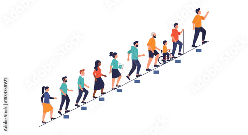 Diverse People Ascending Stairs: Journey Towards Success, Growth, and Inclusivity