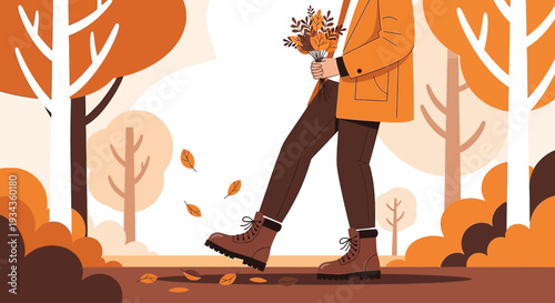 Autumn Walk: Person with Bouquet in Orange Forest, Falling Leaves