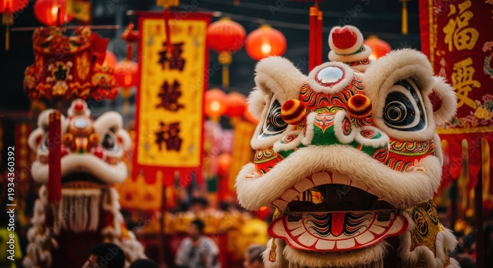 Fototapeta premium A vibrant Chinese New Year celebration featuring colorful lion dancers and festive decorations