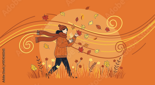 Autumn woman walking in windy weather with falling leaves