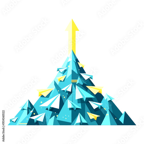 Business growth concept with paper airplanes flying up a geometric mountain towards an ascending arrow, symbolizing success and progress.