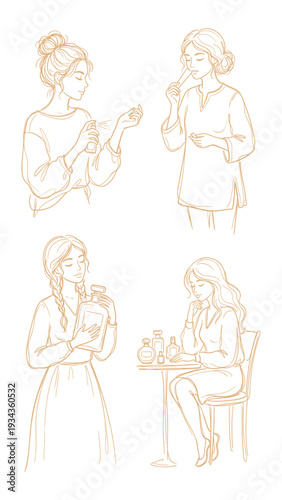 Hand Drawn Woman Perfume Fragrance Routine Line Art Set