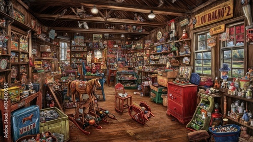 Nostalgic Old General Store Painting: A Whimsical Treasure Trove of Vintage Toys and Rustic Curiosities