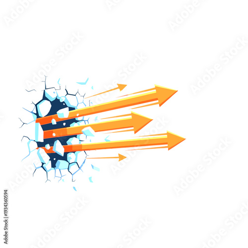 Dynamic orange arrows burst through a cracked wall, symbolizing breakthrough, progress, speed, and overcoming obstacles. Abstract graphic concept.