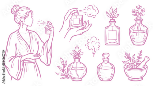 Hand Drawn Perfume Bottle And Fragrance Ritual Line Art Set