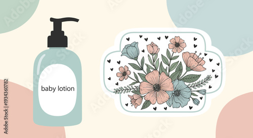 Baby Lotion Bottle with Floral Illustration, Pastel Colors, Skincare Product