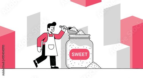 Baker adding sugar to jar, abstract geometric background, sweet concept