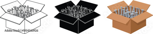 Collection of cardboard boxes filled with screws nails and bolts presented in line art silhouette and realistic styles for hardware and construction concepts